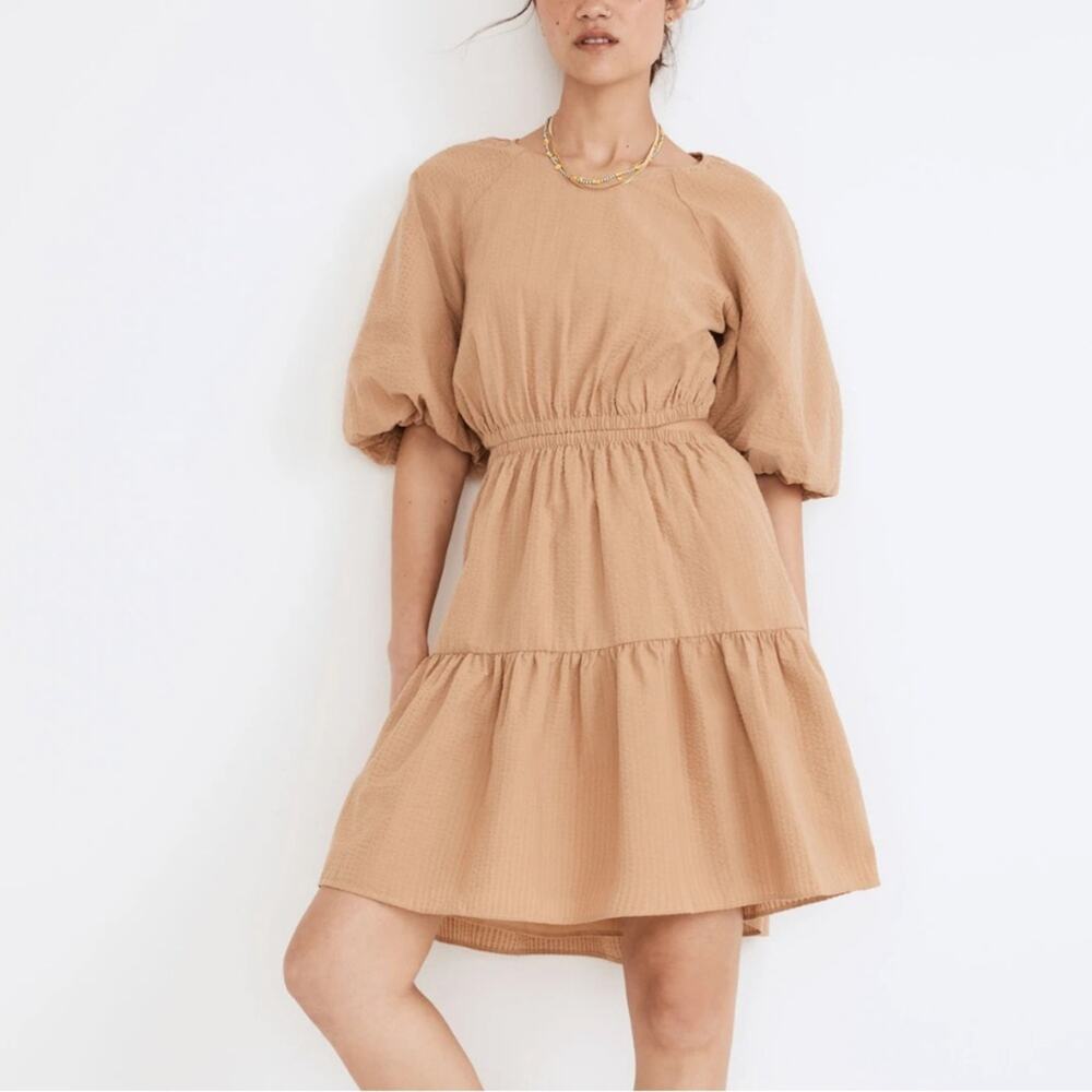 Madewell Seersucker Puff-Sleeve Cutout Mini Dress in Seed Khaki